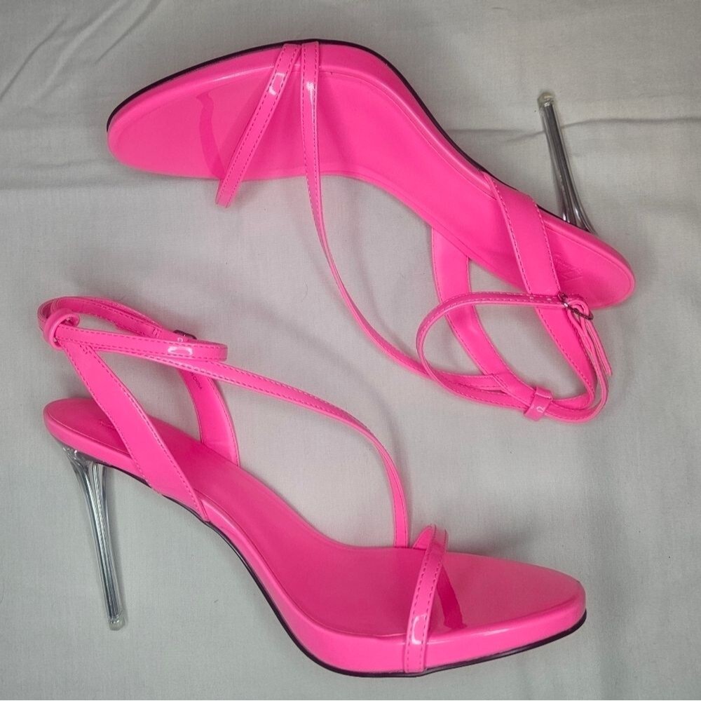 AAJ by Aminah Neon Pink Zayn Lucite Heel Asymmetric Strap Sandal NIB 8.5